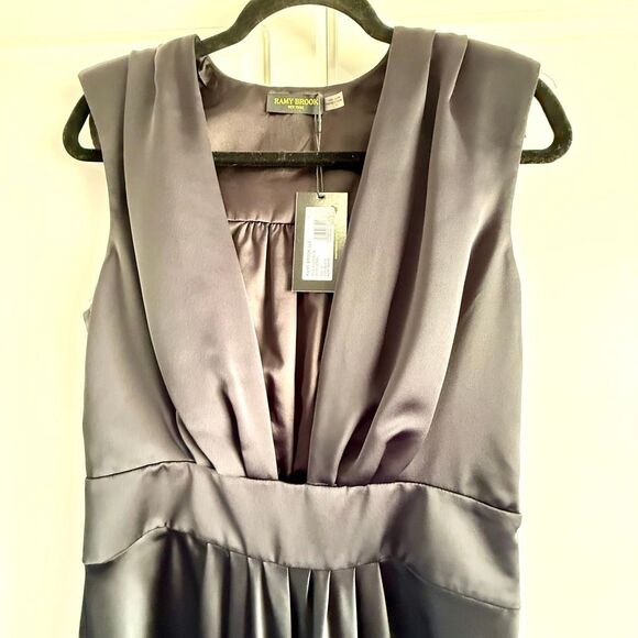 NWT Ramy Brook Quinn Pleated Deep V-neck Satin Gown in black. Size 10